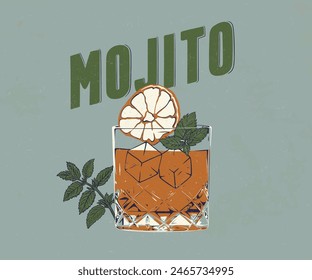 mojito cocktail glass with mint and lemon, summer holiday drinks vector illustration, lemon and mint vector artwork for t shirt, poster, graphic print