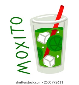 Mojito cocktail in a glass with a straw, an alcoholic drink, hand-drawn, with ice cubes and lime halves. Vector flat bright illustration. Mexican refreshing green drink. Bright with a name