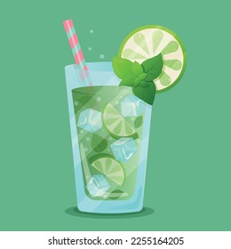 Mojito cocktail in a glass with a straw and with lime, mint leaves, ice and bubbles. Summer poster with mojito on green background. Non-alcoholic summer cocktail in a glass