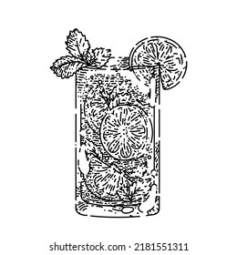 vector dibujado a mano con cóctel mojito. bebida de cristal de menta, hielo de cal, boceto de cóctel de mojito de frutas verdes. ilustración negra aislada