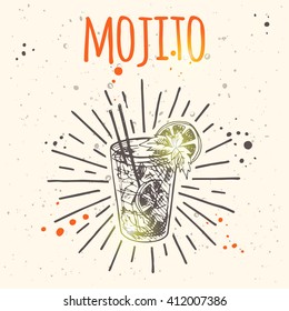 Mojito cocktail. Hand drawn vector illustration. Freehand drink card for cafe, restaurant or bar. Can be used for menu, background, poster, banner, badge, emblem, sticker, placard and other design.
