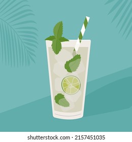 Mojito Cocktail with ice, lime slice and mint leaves. Summer aperitif with rum, lime juice and soda garnished with mint sprig. Alcoholic beverage with straw. Vector illustration on tropical background