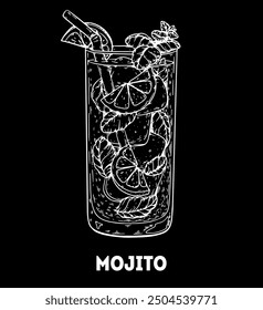 Mojito cocktail illustration. Hand drawn sketch. Vector illustration. Isolated object.