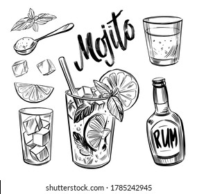 Mojito cocktail. Ingredients. Black outline on transparent background