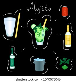 Mojito Cocktail ingredients isolated vector colorful illustration