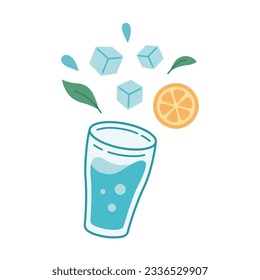 Mojito Cocktail ingredients splashing from bar glass. Cocktail making concept. Hand drawn Vector illustration, flat design, isolated on white background.