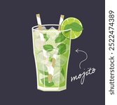Mojito cocktail isolated on black background. Vector illustration of classical summer drink