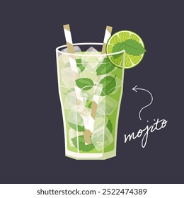 Coquetel Mojito isolado em fundo preto. Ilustração vetorial da bebida clássica de verão