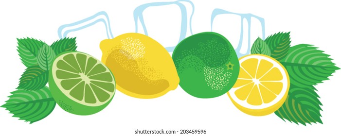Mojito cocktail isolated set. Vector Illustration with lime, lemon, ice cubes and mint leaves.