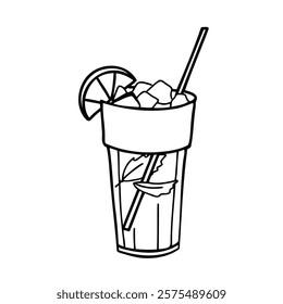 Mojito Cocktail or Lemonade Glass with Ice and a slice of Lime and mint leaves with Straw. Hand drawn Vector isolated illustration in Doodle style. For cocktail bar menu, logo or drink summer party