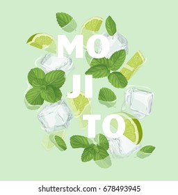 Mojito cocktail letter with mint, ice cube and lime. Summer sale vector label. Lemonade lettering illustration . Summertime poster. For t-shirt, fashion, prints, banner or packaging design