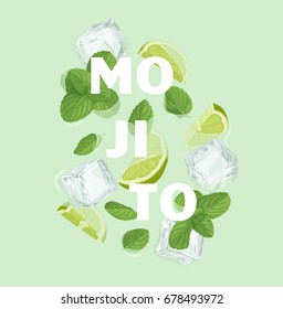 Mojito cocktail letter with mint, ice cube and lime. Summer sale vector label. Lemonade lettering illustration . Summertime poster. For t-shirt, fashion, prints, banner or packaging design