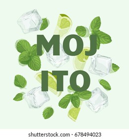 Mojito cocktail letter with mint, ice cube and lime. Summer sale vector label. Lemonade lettering illustration . Summertime poster. For t-shirt, fashion, prints, banner or packaging design