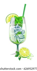 Mojito cocktail with lime, ice and mint isolated on a white background. Modern vector illustration for fresh alcohol cocktail Mojito.