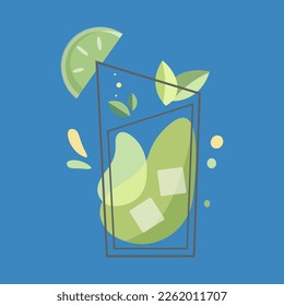 Mojito cocktail with lime isolated on blue background. Glass with splashing refreshing lemonade. Lime slice, mint and ice flat vector illustration for web and mobile design.