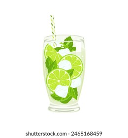 Mojito cocktail with lime juice, green mint leaf and ice cubes. Glass of refreshing summer cold drink. Vector cartoon illustration.