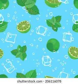 Mojito cocktail lime mint and ice blue water seamless vector pattern background