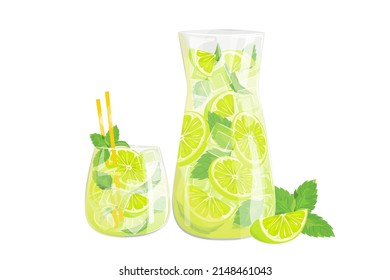 Mojito cocktail with lime, mint and ice cubes.Refreshing cocktail in a glass and a jug.Vector illustration.