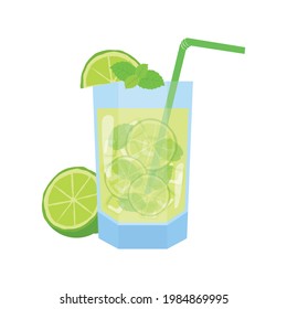 Mojito cocktail with lime and mint icon vector. Lemonade drink with lime vector. Glass of mojito drink with lime and mint icon vector isolated on a white background