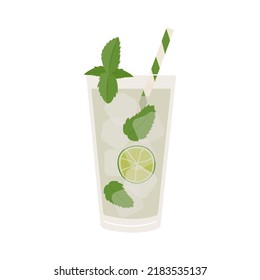 Mojito Cocktail with lime slice, ice and mint leaves. Summer aperitif with rum and lemon juice garnished with mint. Alcoholic beverage or lemonade with straw. Vector illustration isolated on white.