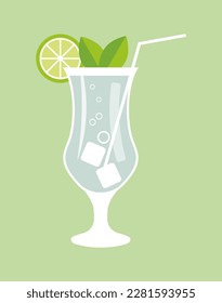Mojito cocktail with lime slice mint leaves and ice.