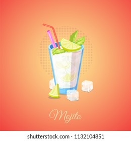 Mojito cocktail with limes and ice cubes in cartoon style. Vector Illustration.