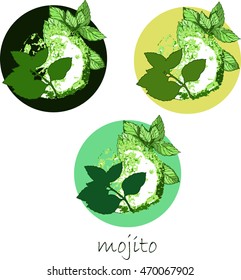 Mojito cocktail logo.Mint vector drawing set. Isolated mint plant and leaves, lemon. Herbal engraved style illustration.