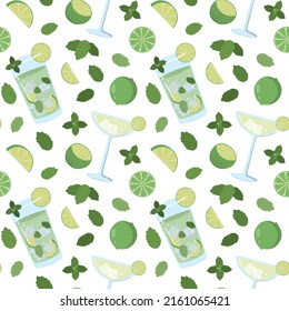 Mojito Cocktail With Mint Leaves, And Lime. Cartoon Summer Seamless Pattern. Isolated On A White Background. Design For Paper, Wallpaper, Textiles, And Packaging.