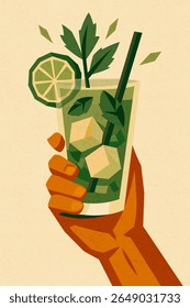 Mojito cocktail with mint leaves, lime and ice cubes in hand
