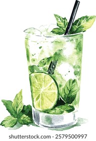 Mojito cocktail with mint, lime and watercolor splashes on white background. Alcohol drink  illustration vector
