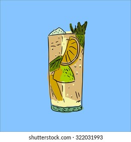 Mojito cocktail on blue background. Hand drawn sketch.