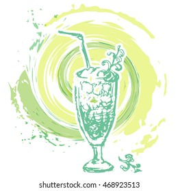 Mojito cocktail on a colorful grunge inky spots background. The vector illustration is hand drawn and can be used as a postcard or some graphic design element for a cocktail party invitation.