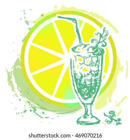 Mojito cocktail on a colorful grunge lemon background. The illustration is hand drawn and can be used as a graphic design element for a cocktail party invitation or menu.