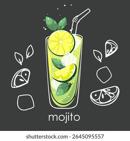 Mojito cocktail on a dark background. Classic refreshing drink with ice, lime and mint. Vector illustration.