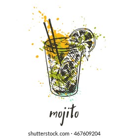 Mojito cocktail on the watercolor splash. Hand drawn vector illustration. Can be used for menu, cafe, restaurant or bar.