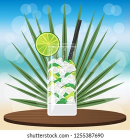 Mojito cocktail on wooden classic  tray , on blurred background with bokeh vector illustration for web and print, invitation and menus for bar