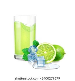 Mojito cocktail realistic. Lime fruit, ice cubes, mint leaves, lime juice glass. Isolated on white