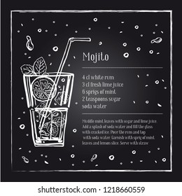 Mojito cocktail recipe description with ingredients. Vector sketch outline hand drawn illustration on blackboard background