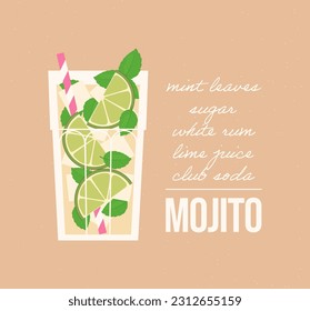 Mojito cocktail recipe. Summer tropical drink with Ingredients. Alcoholic beverage with ice, lime and mint. Vector illustration