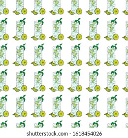 Mojito Cocktail seamless pattern. Hand drawing sketch outlines on white background can be printed on textile, wallpaper, wrapping paper, greeting cards, used in logo, banner, landing page. Vector