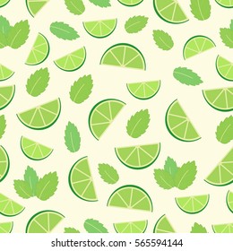 Mojito cocktail - seamless pattern of lime and mint leaves. Vector illustration