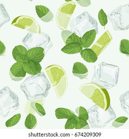 Mojito Cocktail Seamless Pattern. Top View Lemonade Wallpaper. Illustration With Mint, Ice Cube And Lime. Fresh Summer Time Print Or T-shirt, Prints, Banner, Party Invitation Or Packaging Design