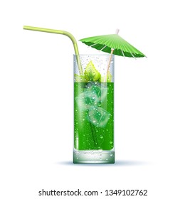 Mojito Cocktail Served In The Slightly Highball Glass With Green Straw, Mint Leaves, Umbrella And Ice Cubes. Front View. 3d Photo Realistic Vector Illustration Isolated On White Background