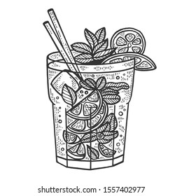 Mojito cocktail sketch engraving vector illustration. T-shirt apparel print design. Scratch board style imitation. Black and white hand drawn image.