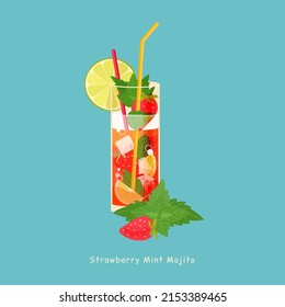 Mojito cocktail with strawberry, lime and mint on blue background. Vector fruit flat style illustration