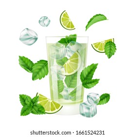 Mojito Cocktail. Summer drink with ice, lime and mint. Realistic glass seasonal cold cocktails. Isolated cafe or bar vector element