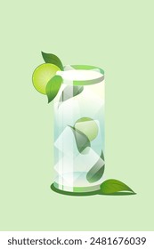 Mojito cocktail in tall glass with ice cubes, garnished with lime slices and mint leaves against light green background. Vector illustration. Creative design. Concept of drink, bar menu, refreshment