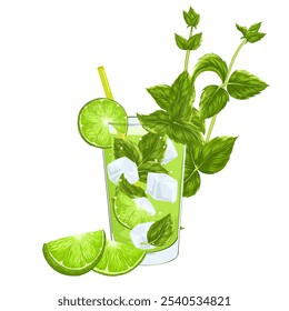 Mojito cocktail vector composition. Glass with alcohol drink, mint leaves, lime for cocktail bar, drink summer party, beach bar and cafe menu. Isolated fruits, peppermint and cocktail