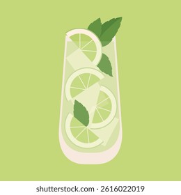 Mojito cocktail. Vector illustration of refreshing summer drink in highball glass with mint, lime and ice