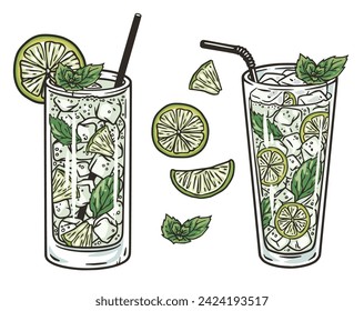 Mojito cocktail vector set with mint and lime for cocktail bar or drink summer party. Gin rickey cocktail with rum, bourbon for beach bar and cafe menu.